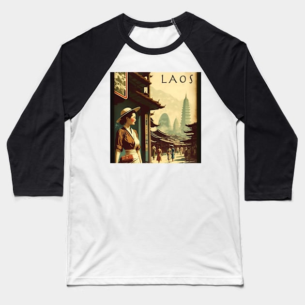 Laos Woman Vintage Travel Art Poster Baseball T-Shirt by OldTravelArt